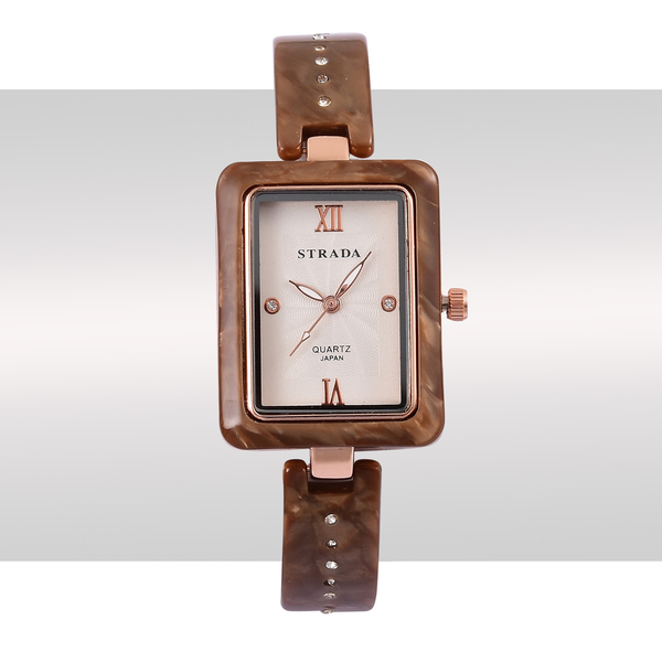 STRADA Japanese Movement White Austrian Crystal Studded Dial Watch in Rose Gold Tone with Chocolate Colour Strap