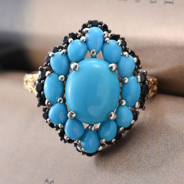 Arizona Sleeping Beauty Turquoise (Ovl 3.00 Ct), Boi Ploi Black Spinel Ring in Platinum and Yellow Gold Overlay Sterling Silver 5.500 Ct.