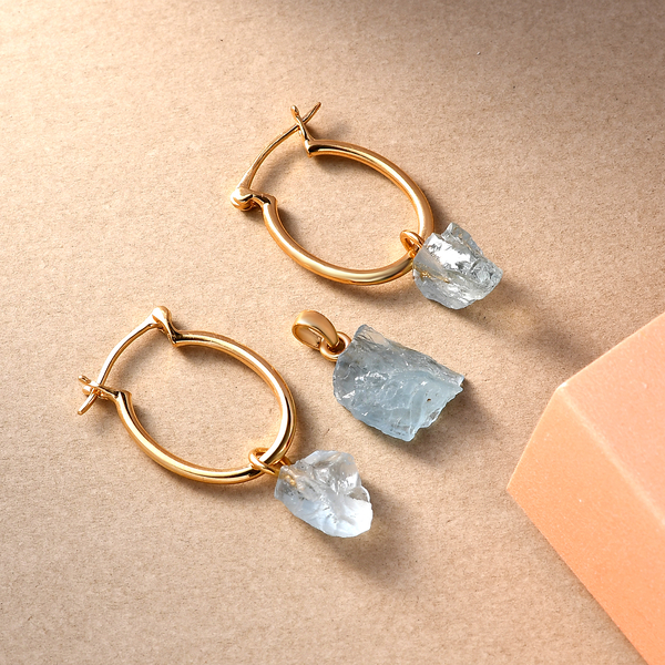 2 Piece Set - Aquamarine Pendant and Detachable Hoop Earrings with Clasp in 14K Gold Overlay Sterling Silver 12.04 Ct.