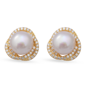 White Freshwater Pearl and Simulated Diamond Earrings (with Push Back) in Yellow Gold Overlay Sterli