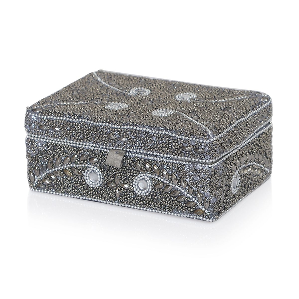 Black Colour Jewellery Box Decorated with Grey, White and Black Beads with a Tray Inside (Size 15x10