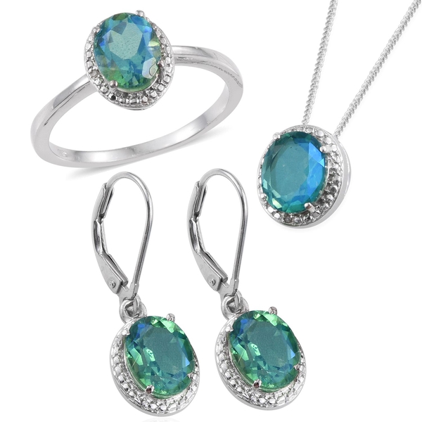 Peacock Quartz (Ovl), Diamond Ring, Pendant with Chain and Lever Back Earrings in Platinum Overlay S