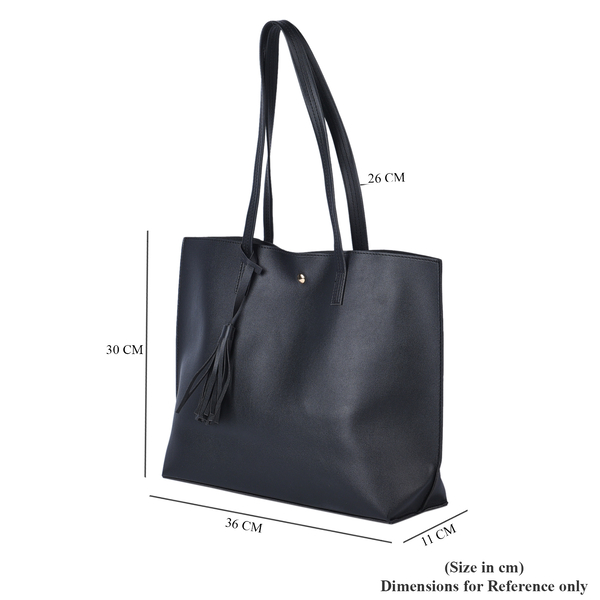 Classic Tote Bag with Tassels and Magnetic Button (Size 36x30x11 Cm) - Black