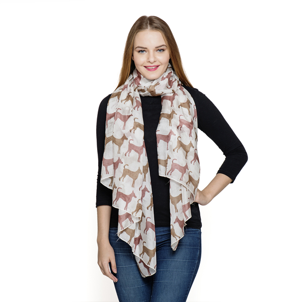 100% Mulberry Silk White, Brown and Multi Colour Dog Pattern Scarf (Size 180x100 Cm)