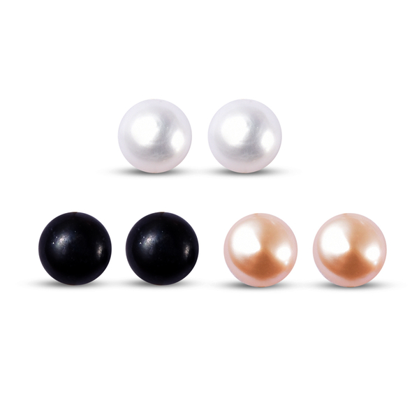 Set of 3 - Freshwater Peacock, Peach and White Pearl Stud Earrings (with Push Back) in Sterling Silver