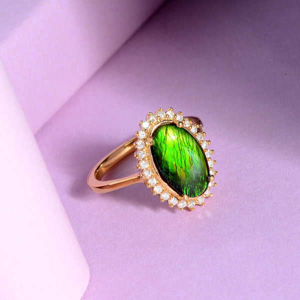 AA Canadian Ammolite (Ovl 12x7mm) and Diamond Ring in 14K Gold Overlay Sterling Silver 2.410 Ct.