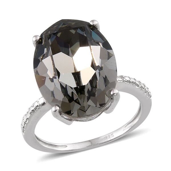 Lustro Stella  - Black Diamond Colour Crystal (Ovl) Ring in Platinum Overlay Sterling Silver 10.500 