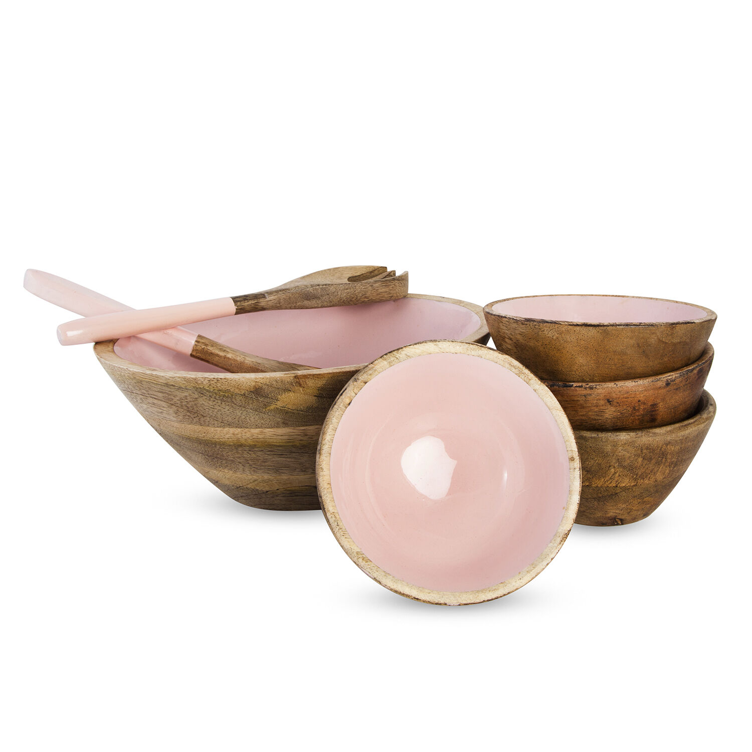 Set of 7 Pcs. - Food Serving Set in Mango Wood with Pink Enamel Interior - 1 Large Bowl, 4 Small Bowls, Spoon and Fork