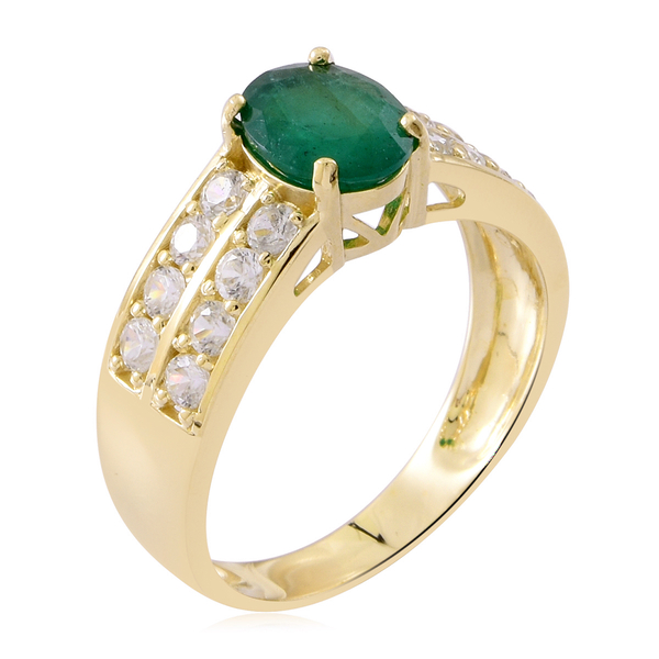 9K Yellow Gold AAA Rare Size Kagem Zambian Emerald (Ovl 1.75 Ct), Natural White Cambodian Zircon Ring 3.500 Ct.