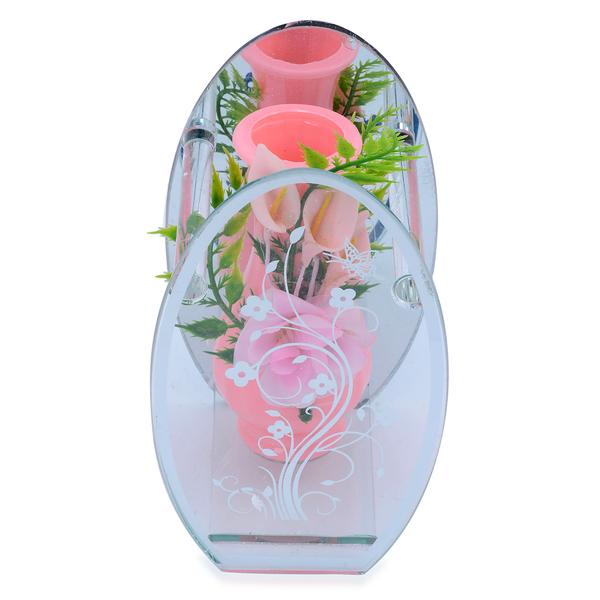 Home Decor - Set of 2 - Pink Colour Flower Vase with Artificial Flowers in Floral and Butterfly Print Glass