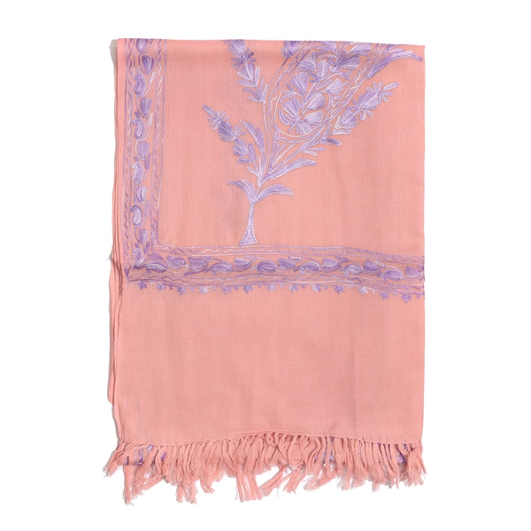 100% Wool Floral and Paisley Pattern Purple Colour Embroidered Peach Colour Scarf (Size 180x70 Cm)