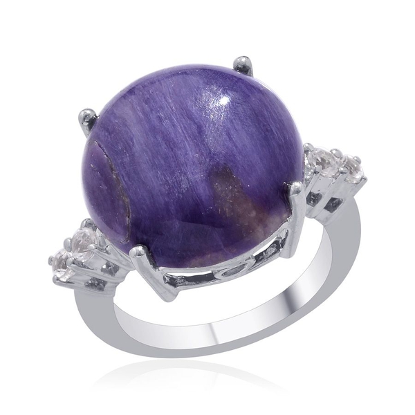 Charoite (Rnd 14.50 Ct), White Topaz Ring in Platinum Overlay Sterling Silver 14.750 Ct.