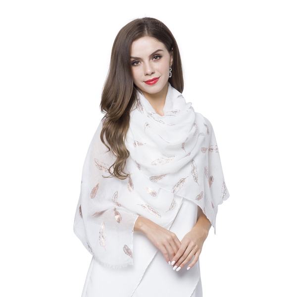 Golden Feathers Pattern White Colour Scarf with Fringes (Size 180X70 Cm)