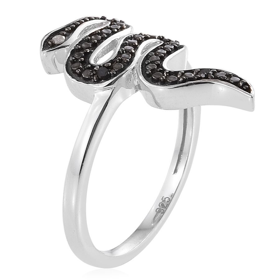 Black Diamond (Rnd), White Diamond Snake Ring in Platinum Overlay Sterling Silver