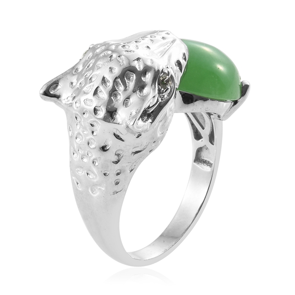 Green Jade (Rnd), Green Sapphire Leopard Head Ring in Platinum Overlay Sterling Silver 10.750 Ct.