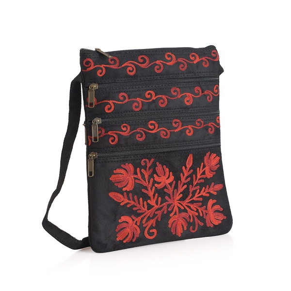 Red Colour Flowers Hand  Embroidered Bag with External Zipper Pocket and Shoulder Strap (25x21 Cm)