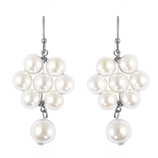 White Shell Pearl Floral Dangling Earrings (With Hook) in Silver Tone