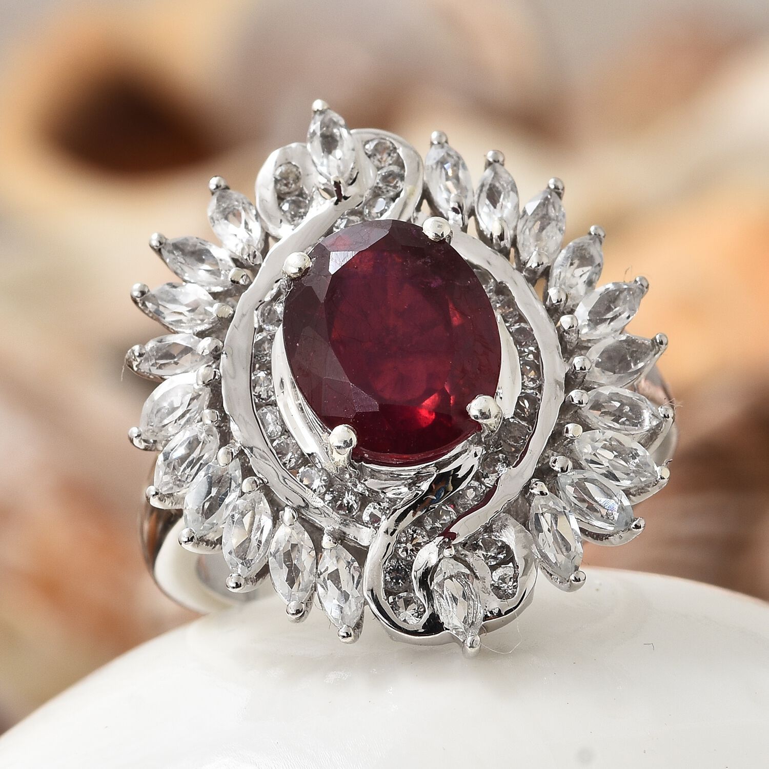 African Ruby (Ovl 5.15 Ct), White Topaz Ring in Platinum Overlay Sterling Silver 8.000 Ct. Silver wt 8.09 Gms.