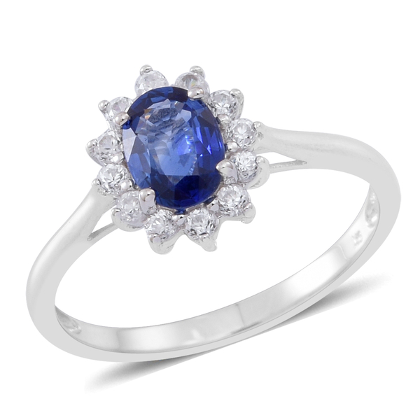 9K White Gold AA Ceylon Blue Sapphire (Ovl), Natural Cambodian Zircon Ring 1.500 Ct.