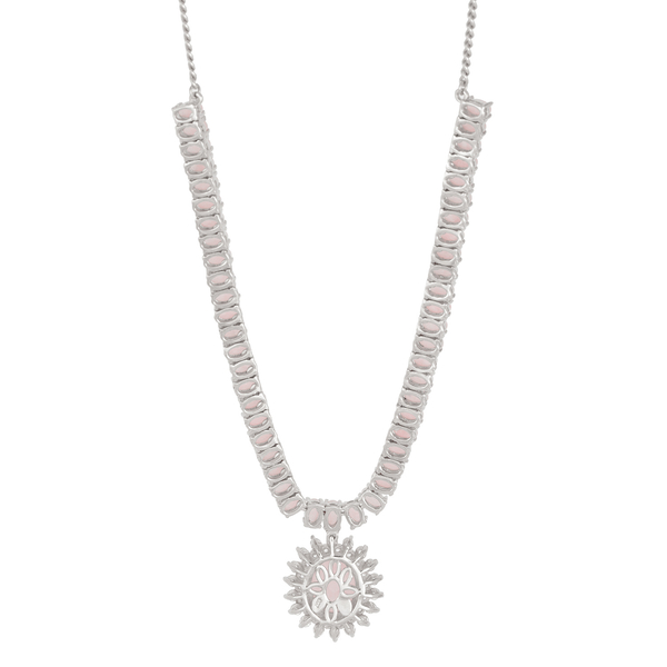 Pink Jade (Ovl 6.25 Ct), White Topaz Necklace (Size 18) in Platinum Overlay Sterling Silver 27.000 Ct.