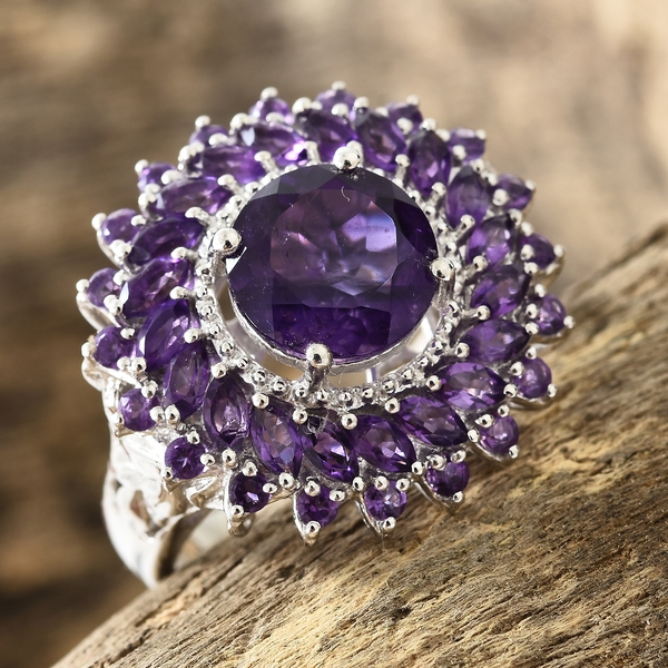 Amethyst (Rnd 3.15 Ct) Flower Ring in Platinum Overlay Sterling Silver 5.750 Ct. Silver wt 7.02 Gms.