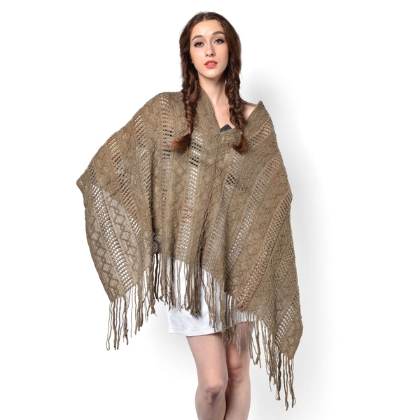 Camel Colour Knitted Poncho with Tassels (Free Size)