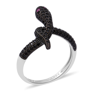 ELANZA Serpent Collection- Simulated Black Spinel and Simulated Ruby Serpent Ring in Black Rhodium O