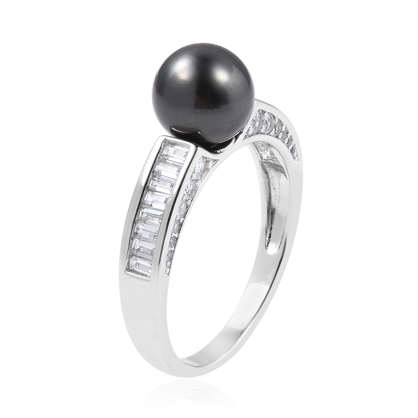 Tahitian Pearl (Rnd), White Topaz Ring in Rhodium Overlay Sterling Silver