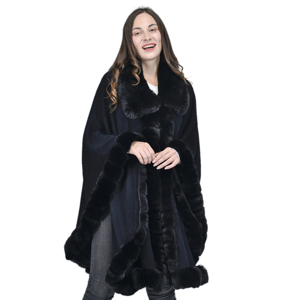 LA MAREY Faux Fur Trim Poncho (One Size) -  Black