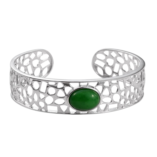 Green Jade (Ovl) Cuff Bangle (Size 7.5) in ION Plated Platinum Bond 10.750 Ct.