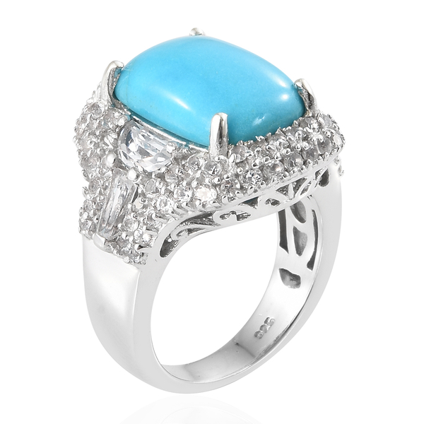 Arizona Sleeping Beauty Turquoise (Cush), White Topaz Cluster Ring in Platinum Overlay Sterling Silver 7.750 Ct, Silver wt 7.20 Gms.