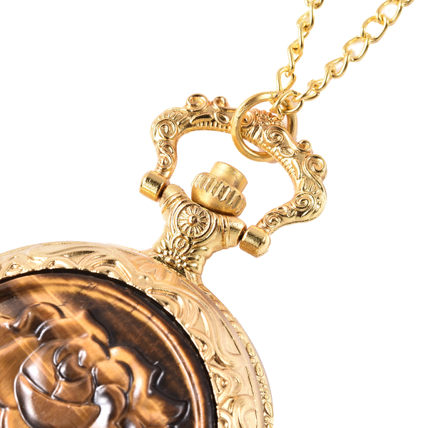 GENOA Japanese Movement Water Resistant Rose Carved Tiger Eye Pocket Watch with Chain (Size 31) in Gold Tone
