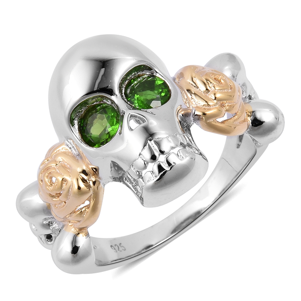 0.40 Ct  Diopside Skull Ring in Rhodium and Gold Plated Silver 5.67 Grams