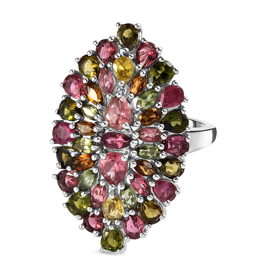 Multi -Tourmaline Cluster Ring in Platinum Overlay Sterling Silver 4.40 Ct.