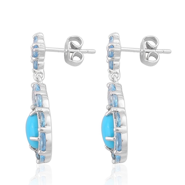 Arizona Sleeping Beauty Turquoise (Ovl), Swiss Blue Topaz Earrings (with Push Back) in Platinum Overlay Sterling Silver 4.160 Ct.