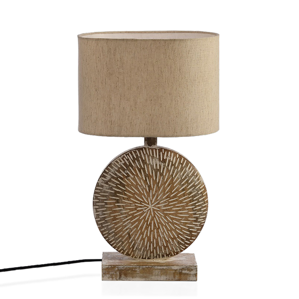NAKKASHI - Solid Wood Hand Carved Table Lamp in Antique White Finish (Lamp Shade Included)
