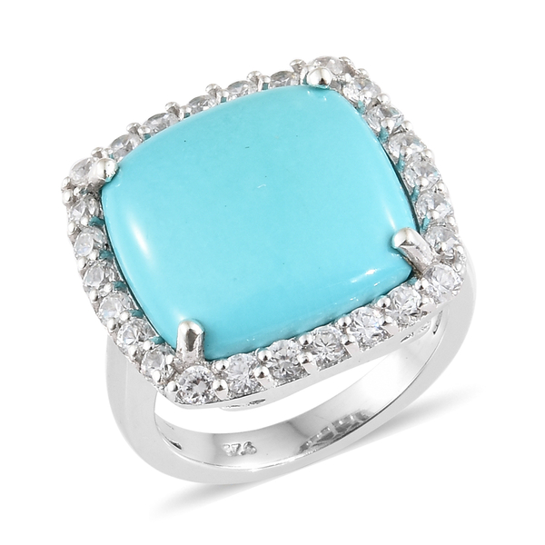 10.75 Ct Sleeping Beauty Turquoise and Cambodian Zircon Halo Ring in Sterling Silver 4.35 Grams
