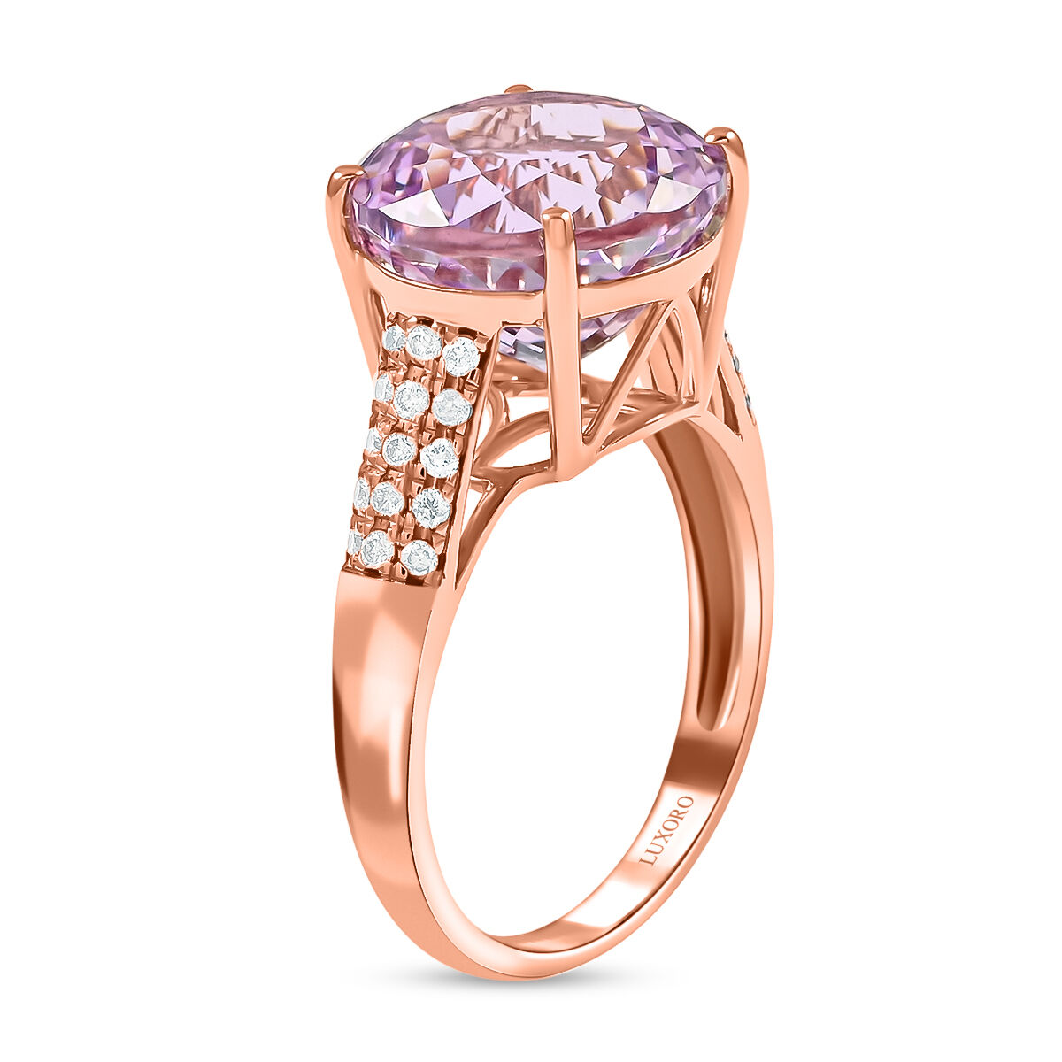 14K Rose Gold  AAA   Martha Rocha Kunzite ,  White Diamond  I1 Solitaire Ring 8.45 ct,  Gold Wt. 3.31 Gms  8.450  Ct.