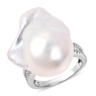 Baroque Freshwater Pearl and Diamond Solitaire Design Ring in Rhodium Plated Sterling Silver