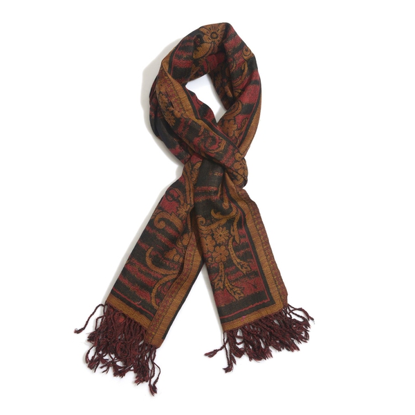 100% Wool Light Chocolate and Red Colour Floral and Leaves Pattern Black Colour Scarf (Size 175x65 Cm)