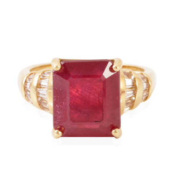 African Ruby (Oct 10.00 Ct), White Topaz Ring in 14K Yellow Gold Overlay Sterling Silver 11.000 Ct.