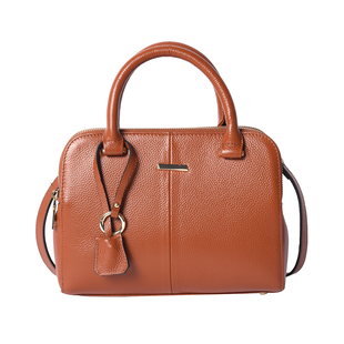 Genuine Leather Tote Bag with Shoulder Strap - Tan