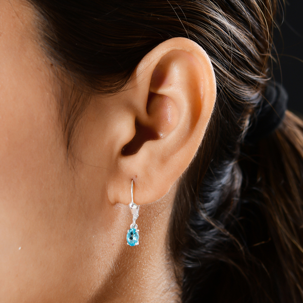 Blue Apatite Solitaire Lever Back Earrings in Sterling Silver
