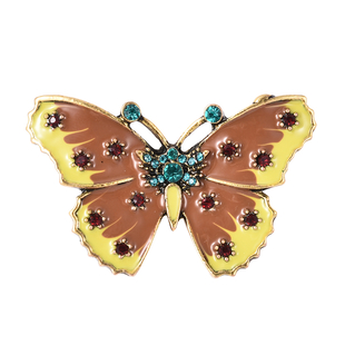 Blue and Red Austrian Crystal Enamelled Butterfly Brooch in Gold Tone