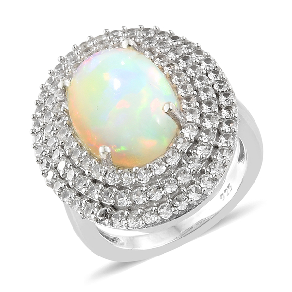 6 Carat Ethiopian Opal and Cambodian Zircon Halo Ring in Platinum Plated Sterling Silver 5.73 Grams