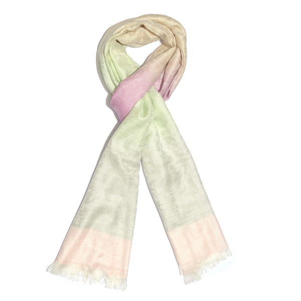 Pink, Cream and Multi Colour Floral Pattern Reversible Scarf with Fringes (Size 180X70 Cm)