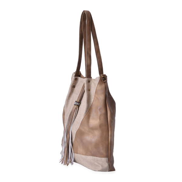 Chocolate and Cream Colour Bucket Bag with Tassel (Size 38x30.5x8 Cm)