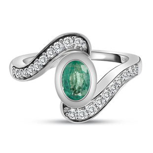 Emerald and Natural Cambodian Zircon Bypass Ring in Platinum Overlay Sterling Silver