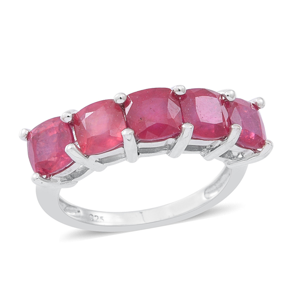 African Ruby (Cush) 5 Stone Ring in Rhodium Plated Sterling Silver 5.005 Ct.