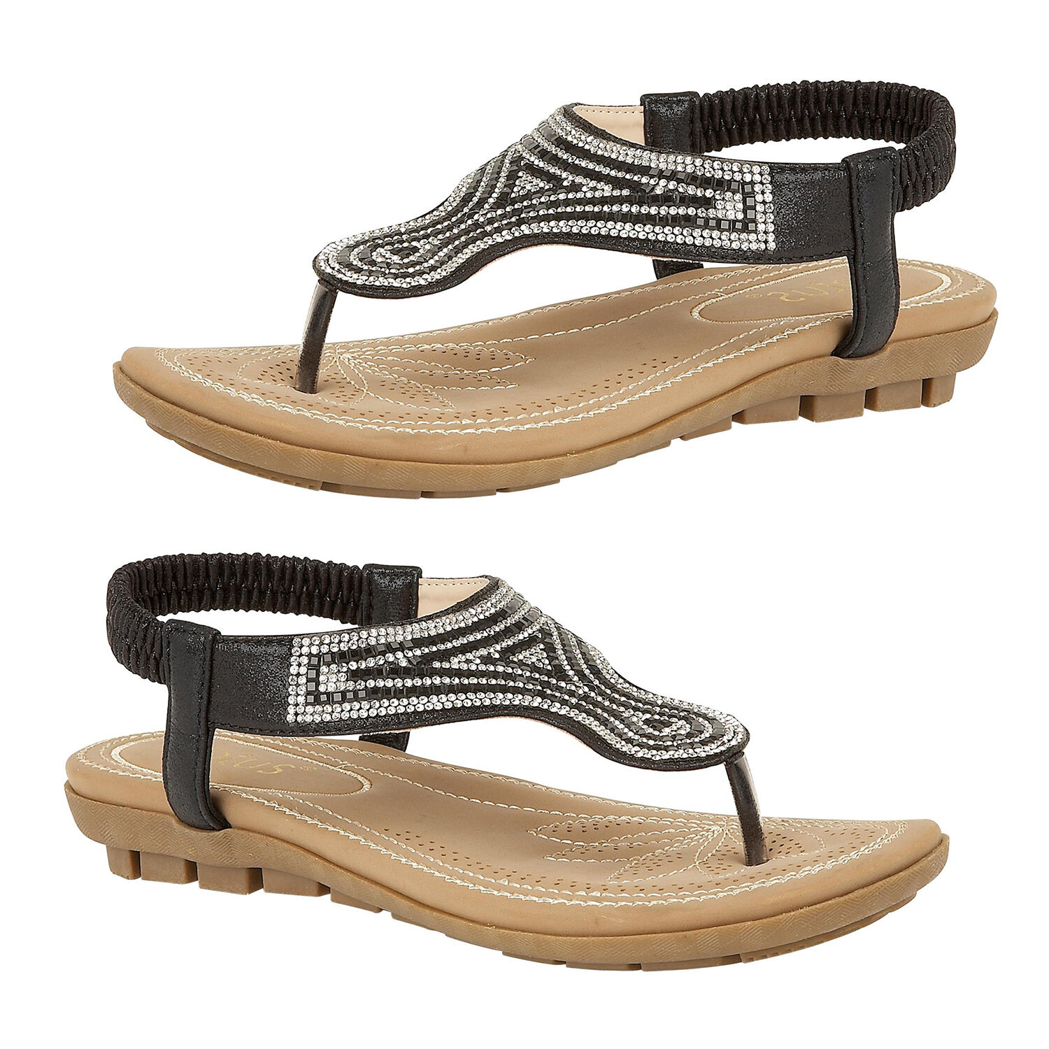 Lotus Black Delia Flat Toe-Post Sandals